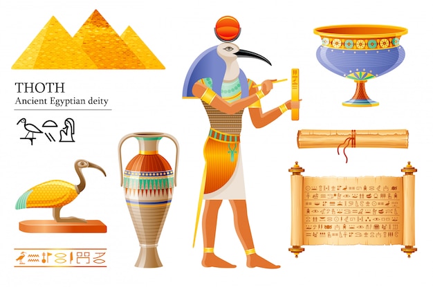 古代エジプトのトート 知恵の神 象形文字の執筆 イビス鳥神 パピルス巻物 花瓶 鍋 エジプトからの古い壁画ペイントアートアイコン プレミアムベクター