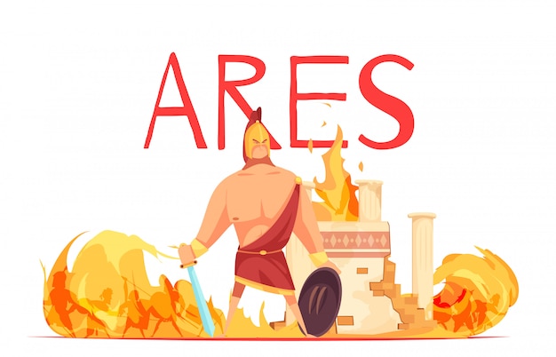 Free vector ancient greece olympian god of war ares in helmet with sword amidst battle flat cartoon