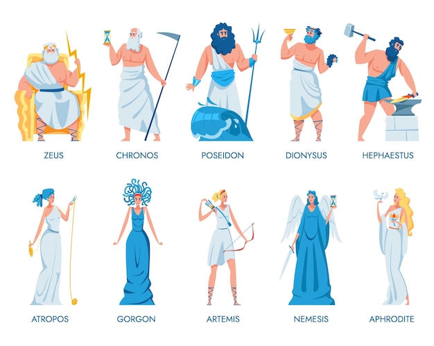 Бесплатное векторное изображение Набор древнегреческих богов и богинь. установить иллюстрацию