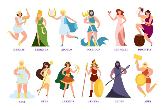 Ancient Greek gods and goddesses cartoon illustration collection. Zeus, Poseidon, Athena, Dionysus, Aphrodite, Demetra characters isolated on white background. Archeology, mythology, history concept