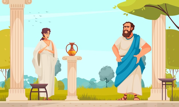 Бесплатное векторное изображение Древнегреческий философ сократ разговаривает со своей молодой женой в афинском саду на цветном фоне плоской векторной иллюстрации