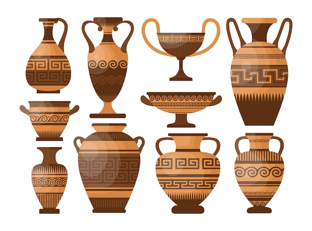 古代ギリシャの陶器と花瓶の漫画イラストセット。アンフォラ、瓶、水差し、鍋、油や液体の模様、装飾品、装飾品。ギリシャの陶器の概念