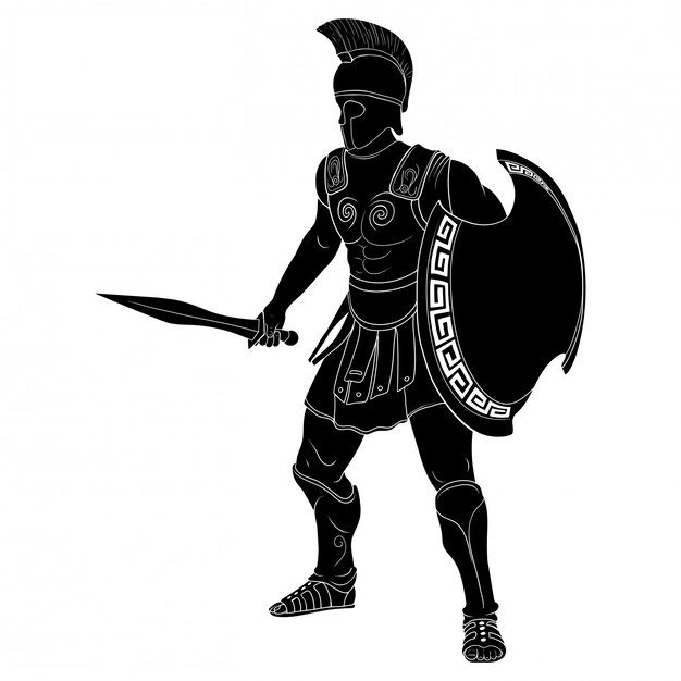 鎧を着た古代ギリシャの戦士と武器を手にしたヘルメットは攻撃と防御の準備ができています プレミアムベクター