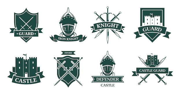 Ancient knight or fighter monochrome flat sign set. medieval emblem and shield with warrior armor, helmet, swords or castle vector illustration collection. mascot, military and ancient army