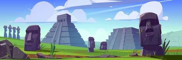 Free vector ancient mayan pyramids and moai statues on easter island.