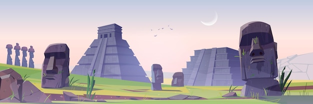 Free vector ancient mayan pyramids and moai statues on easter island