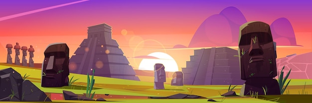 Free vector ancient mayan pyramids and moai statues at sunset