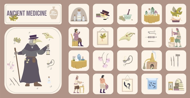 Ancient medicine set with isolated square compositions of flat icons with medical supplies books and garments vector illustration