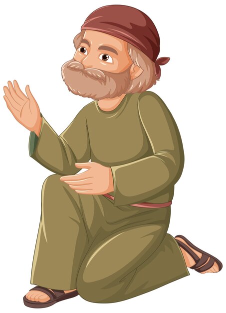 Персонаж мультфильма "Древний старик", сидящий на коленях