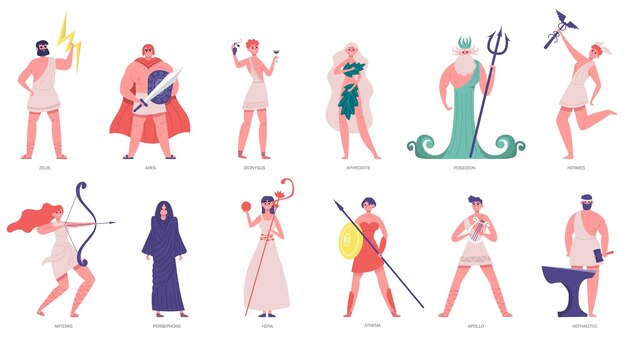 ギリシャの古代の神々 漫画のキャラクターの男性と女性のセット プレミアムベクター