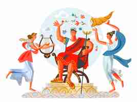 Free vector ancient roman empire emperor sitting women playing music and dancing young patrician in toga and sandals girl plays on harp on white background