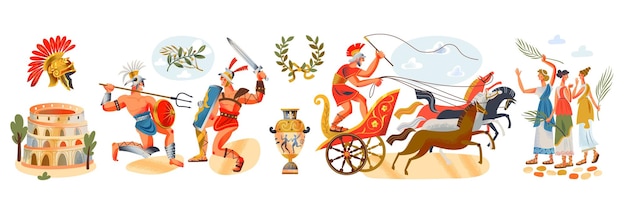 Free vector ancient roman empire people and elements set gladiators fighting colosseum women man in cart with horses amphora on white background