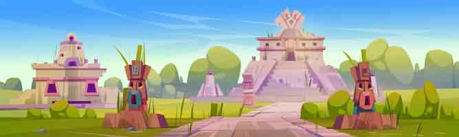 Free vector ancient ruins of aztec temple statues and pyramid vector cartoon illustration of summer landscape with tropical forest and abandoned village of mesoamerican mayan civilization