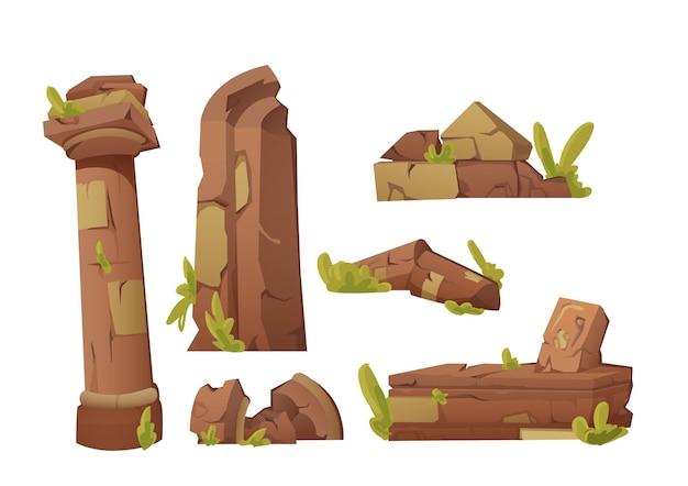 Free vector ancient ruins set destroyed architecture