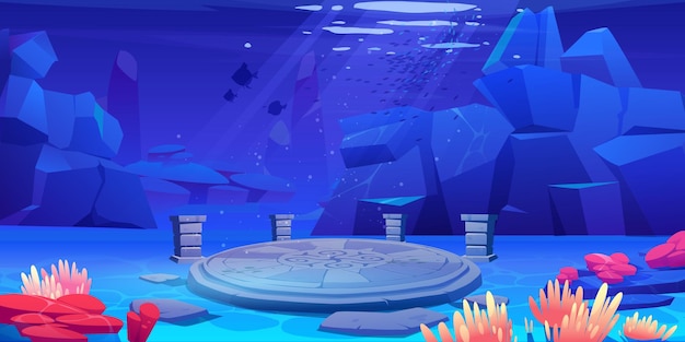 Free vector ancient ruins with stone altar underwater in sea