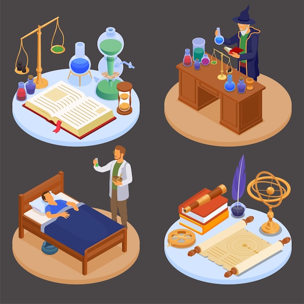 Free vector ancient science concept set with alchemy and astronomy symbols isometric isolated vector illustration