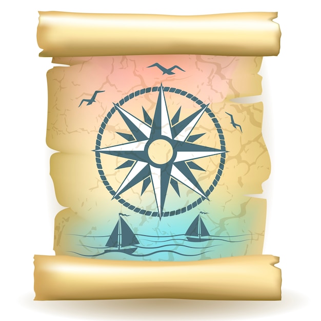 Ancient scroll with vintage compass design and boats