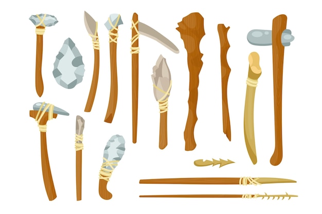 Free vector ancient tools from bones and stones vector illustrations set. primitive weapons of prehistoric people or barbarians for hunting, knife, axe isolated on white background. history, stone age concept