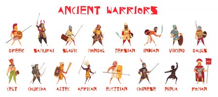 ancient warriors set with national weapons flat isolated