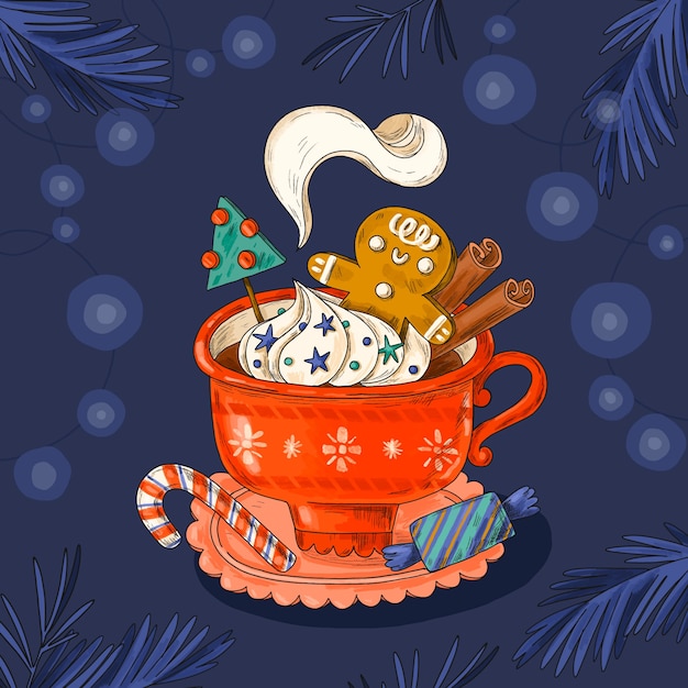 Бесплатное векторное изображение И нарисованная рождественская иллюстрация горячего шоколада