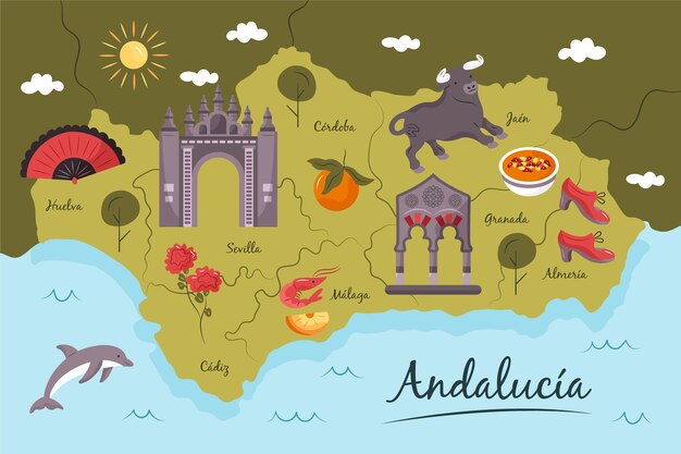 Карта Андалусии с концепцией достопримечательностей