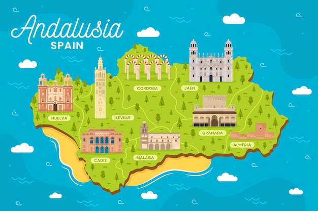 Free vector andalusia map with landmarks illustrated