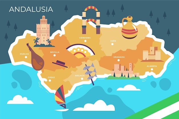 Free vector andalusia map with landmarks