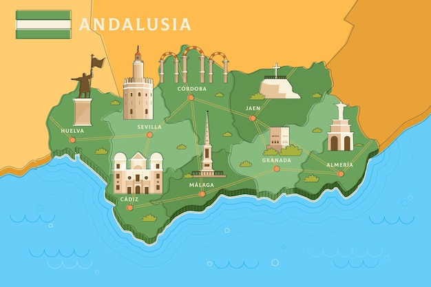 Free vector andalusia map with landmarks