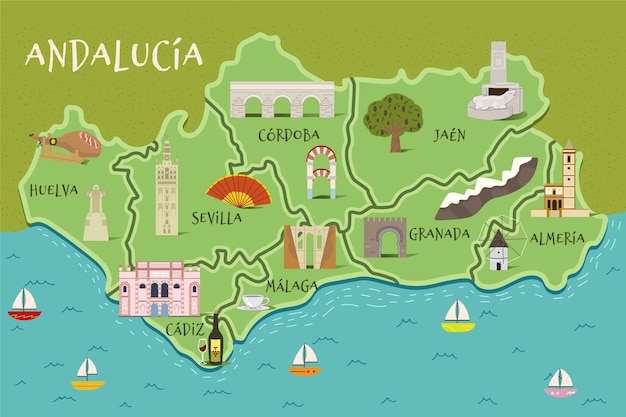 Free vector andalusia map with landmarks