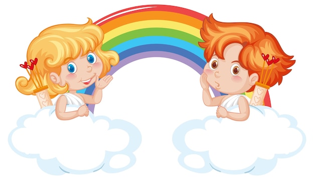 Бесплатное векторное изображение Мальчик и девочка ангела с радугой в мультяшном стиле