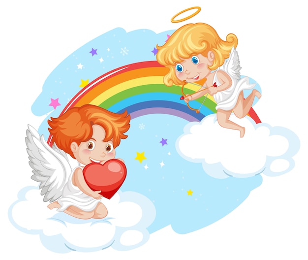 Free vector angel boy and girl with rainbow in the sky