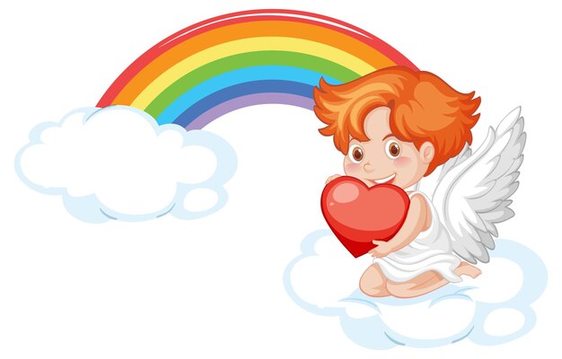 Angel boy holding a red heart on rainbow background