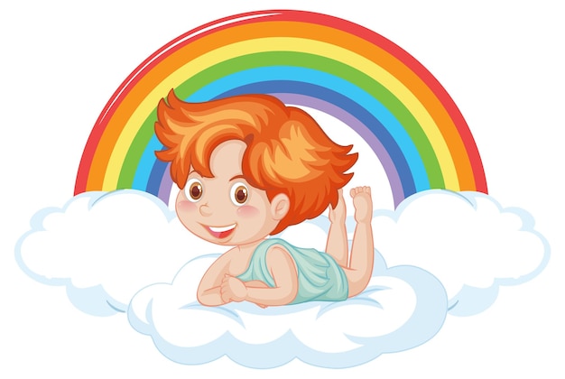 Ragazzo angelo sdraiato su una nuvola con arcobaleno
