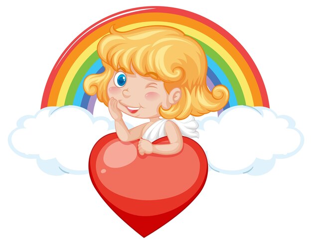 Angel girl with red heart and rainbow