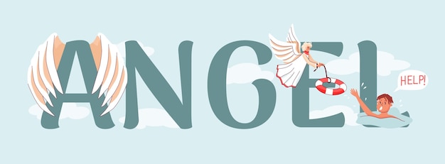 Бесплатное векторное изображение Ангел помогает плоскому заголовку текста с большими буквами, украшенными крыльями библейских персонажей и сценой утопающего спасательного вектора