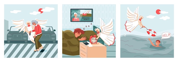 Free vector angel help three isolated posters with biblical religious characters saving drowning and caring for disabled pedestrian flat vector illustration