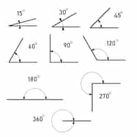 Free vector angle different degrees. the symbol of geometry, mathematics. set of vector icons consisting of angles of different degrees. vector illustration