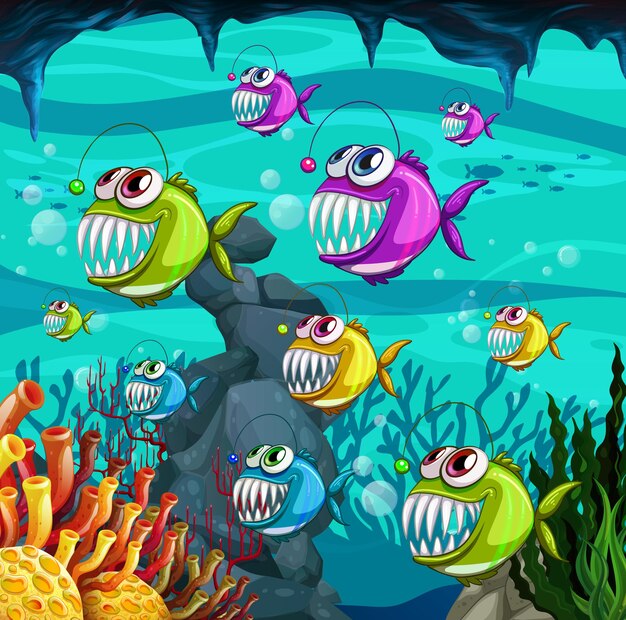 Удильщик рыб мультипликационный персонаж в подводной сцене с иллюстрацией кораллов