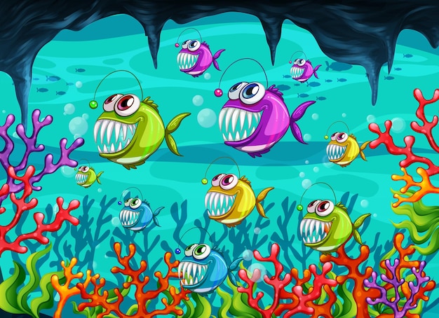 Free vector angler fishes cartoon character in the underwater scene with corals