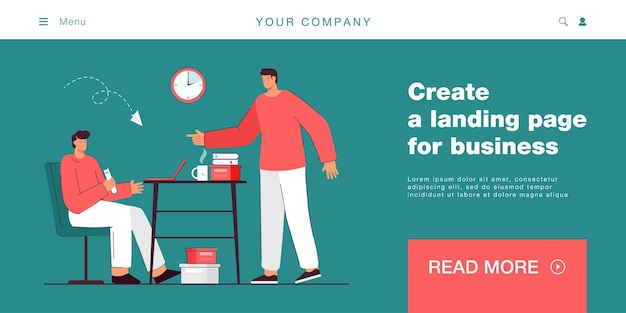 Angry boss pointing to tired late employee to deadline. Man working with laptop in office flat vector illustration. Stress, pressure of deadline concept for banner, website design or landing web page