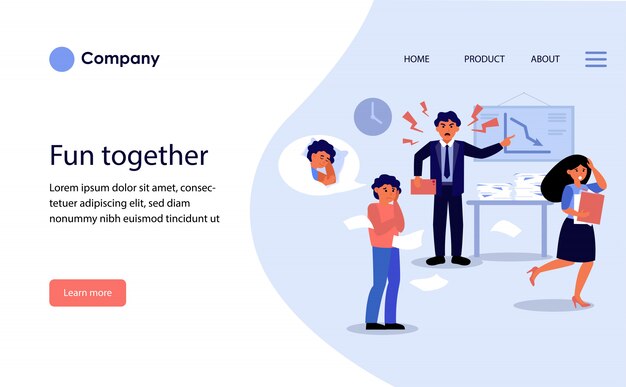 オフィスで彼の従業員に叫んで怒っている上司。ウェブサイトテンプレートのレイアウト