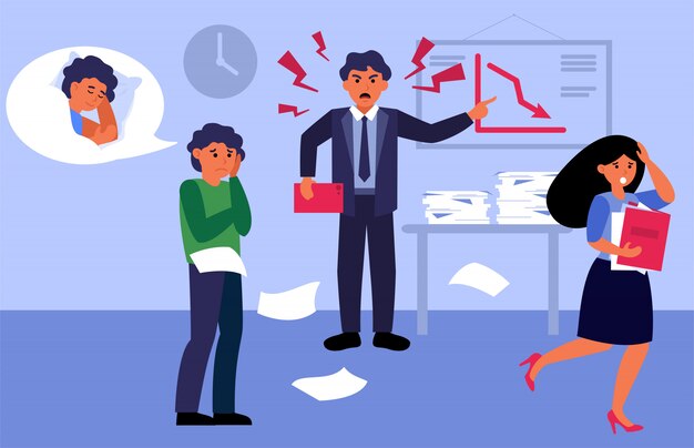 Angry boss shouting at his employees in office