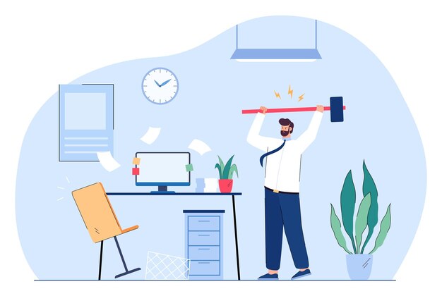 Angry businessman breaking office computer with hammer in hands. Stress and failure of male aggressive employee due to tech problems with PC flat vector illustration. Mistake, virus attack concept