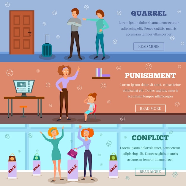 Free vector angry characters quarreling punishing child and in conflict situation 3 horizontal cartoon banners webpage design isolated vector illustration