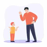 Free vector angry father screaming at crying son flat vector illustration. dad punishing sad kid for breaking rules or bad behavior. parent having conflict with child. abuse, relationship concept