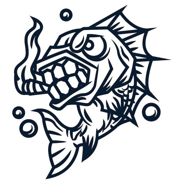 Free vector angry fish line art vector illustration