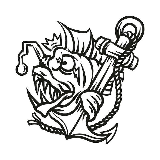 Angry fish line art vector illustration