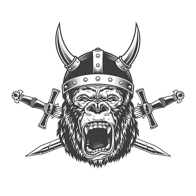 Angry gorilla head in horned viking helmet