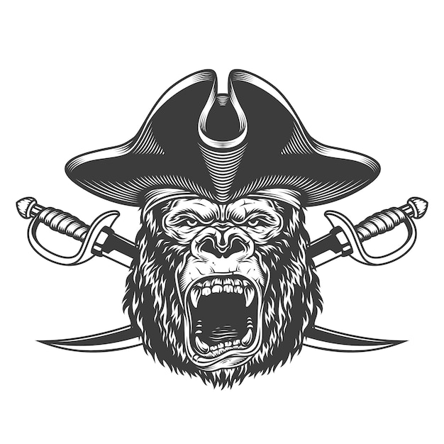 Angry gorilla head in pirate hat