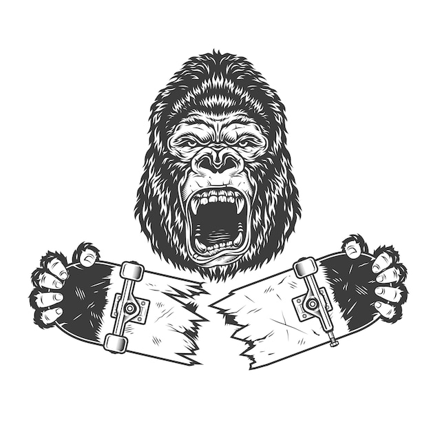 Free vector angry gorilla holding broken skateboard